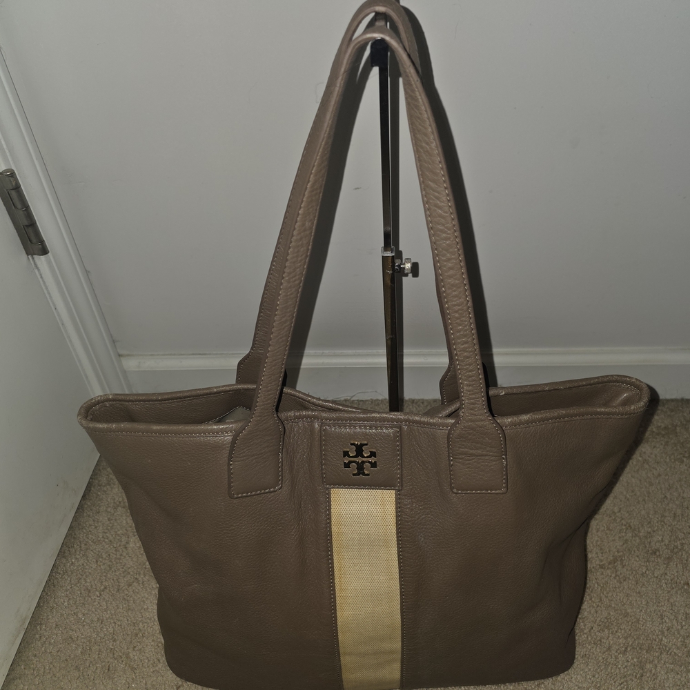 Tory Burch Brown Leather Tote with Cream Center Stripe